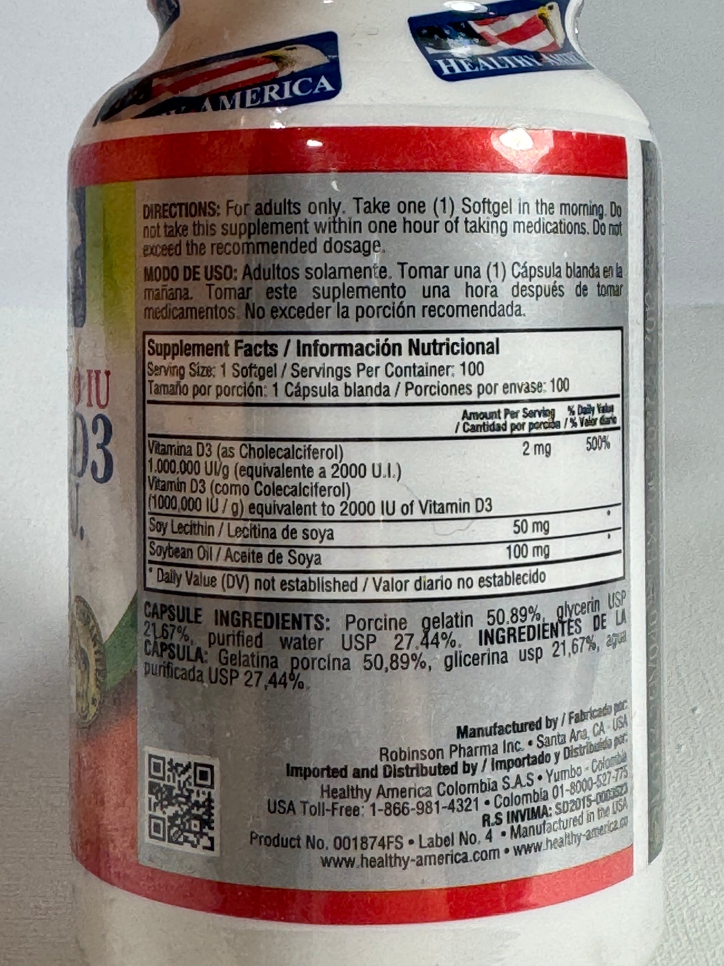 VITAMINA D3 2.000 I.U. 100 SOFTGELS HEALTHY AMERICA